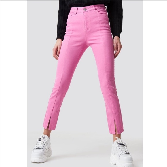 NWT NA-KD Pink High Waist Skinny Front Slit Jeans - Picture 4 of 6